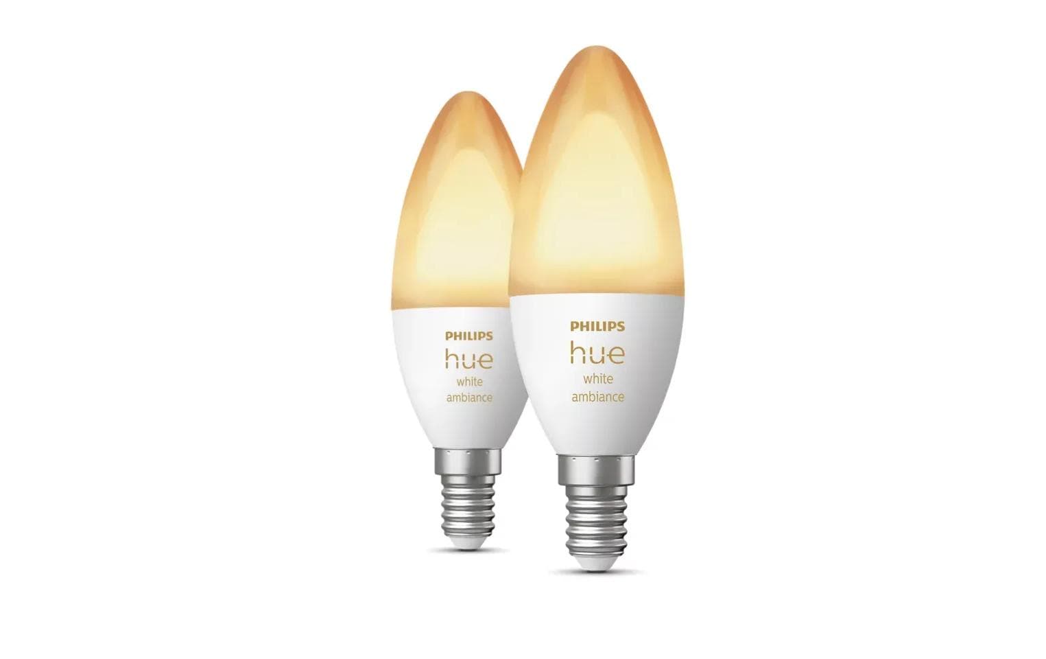 Philips Hue Smart-Leuchtmittel E14 – Einstellbares Weiss, 500 lm, 3,7 W, Bluetooth/Matter/Zigbee – 2 Stk.