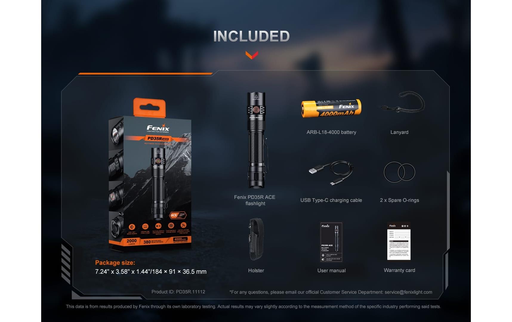 Fenix Taschenlampe PD35R ACE – 2000 lm, 380 m, IP68, Akku 4000 mAh – Schwarz