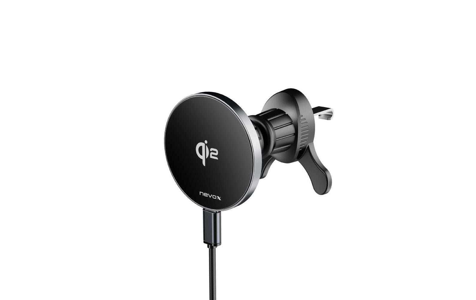 Nevox Wireless Qi2 Fast – Auto-Ladehalterung (kabellos) – Qi2 15 W – für iPhone (MagSafe) – Schwarz/Silber
