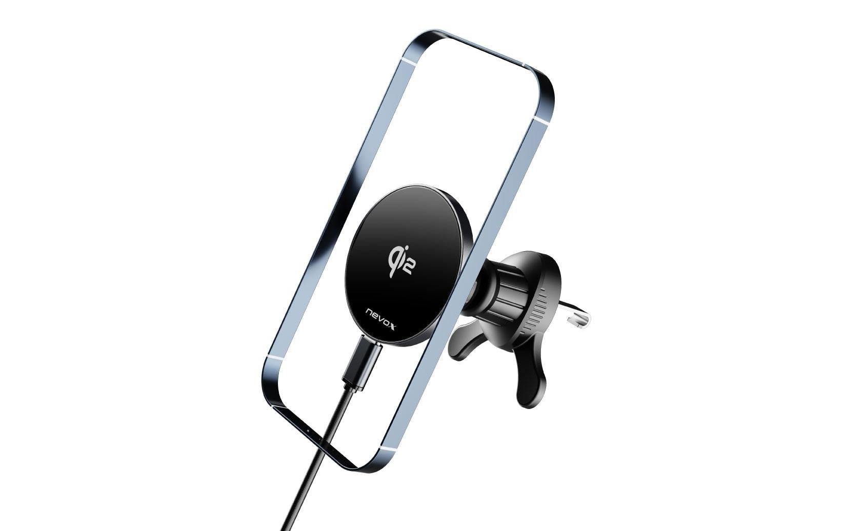 Nevox Wireless Qi2 Fast – Auto-Ladehalterung (kabellos) – Qi2 15 W – für iPhone (MagSafe) – Schwarz/Silber