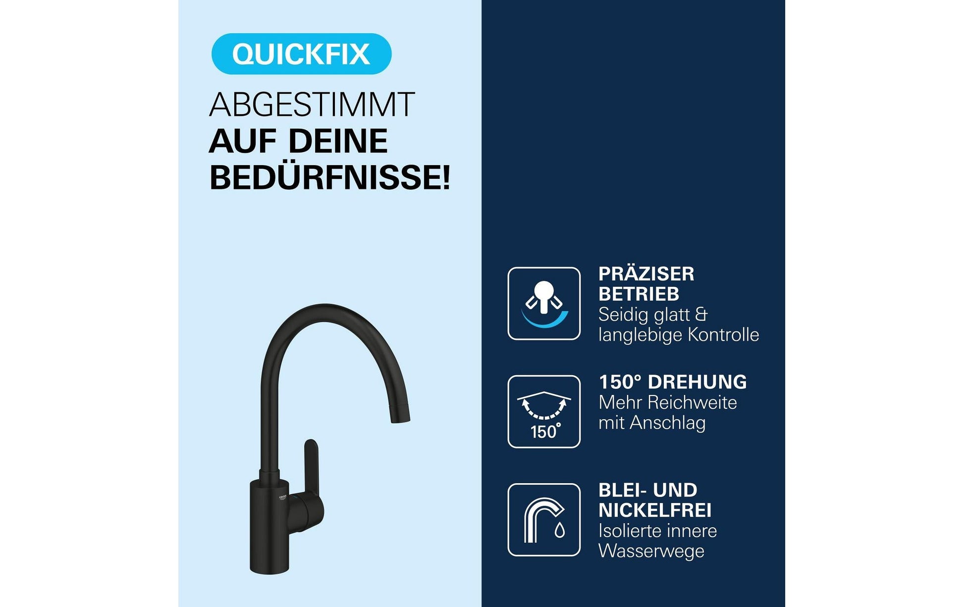 Grohe Einhebelmischer – Messing, Einlochmontage, Schwarz matt