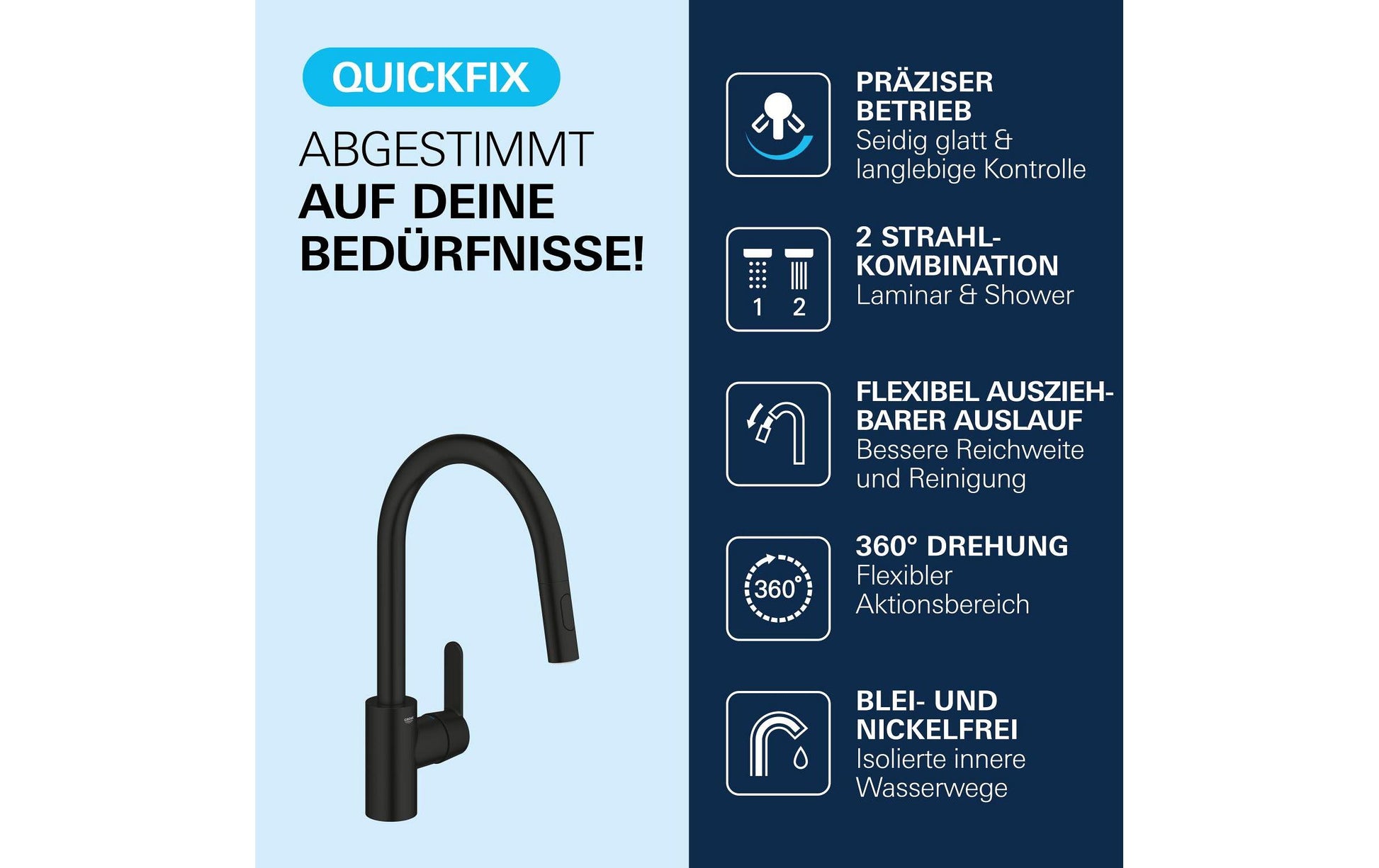 Grohe Küchenarmatur Einhebelmischer, ausziehbare Brause, 18,8 × 22,3 × 38,1 cm, Messing, Schwarz