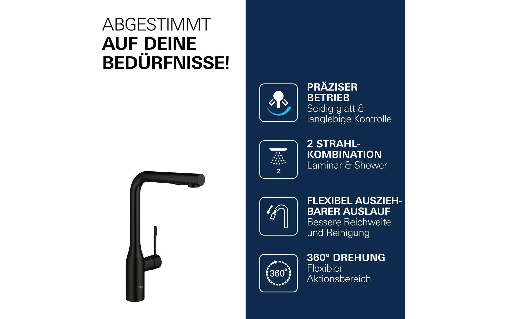 Grohe Essence Küchenarmatur – Einhebelmischer, Schwarz, Metall, Ausziehbar, 2 Strahlarten, Einlochmontage