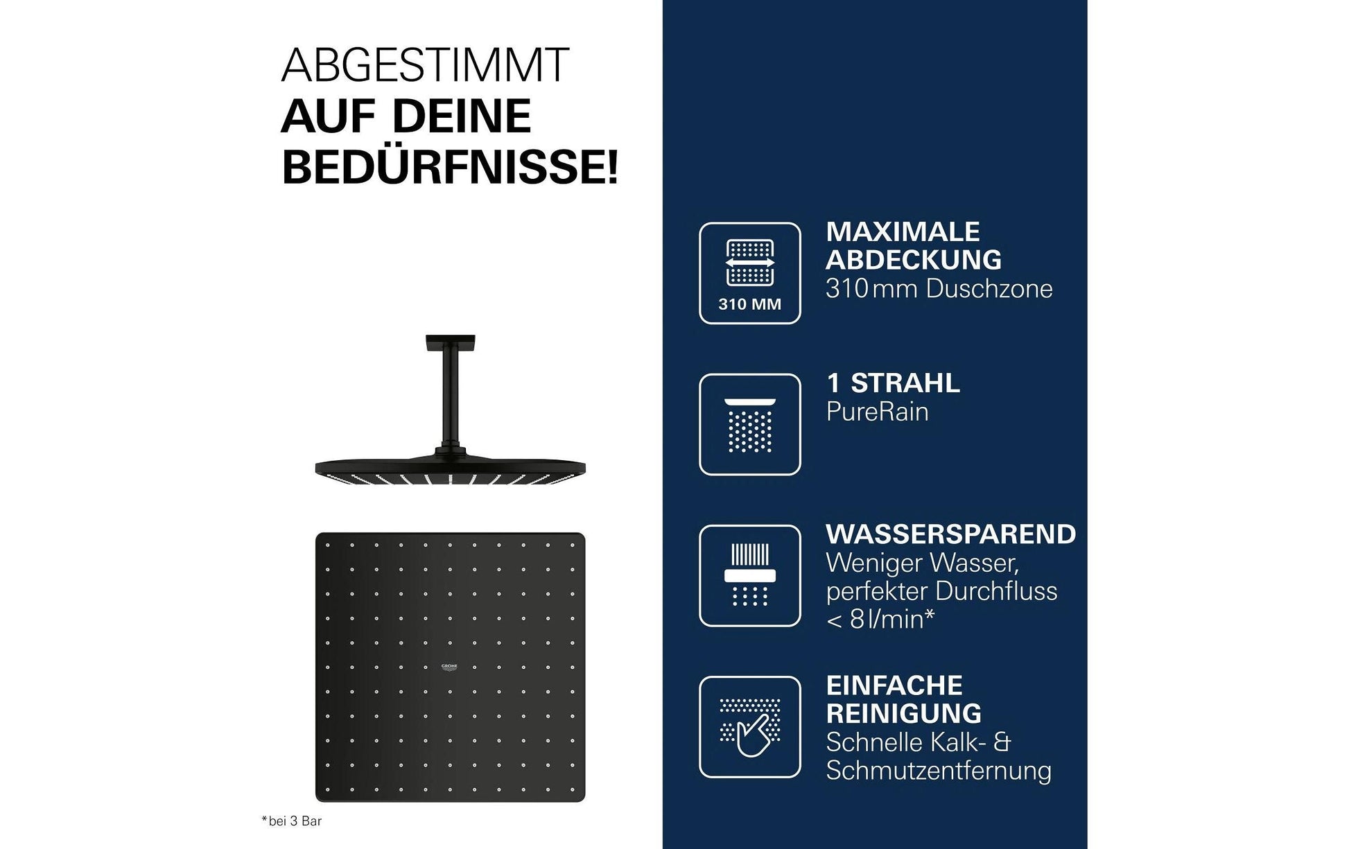 Grohe Rainshower 310 Mono Cube Kopfbrause – 31 cm, Stahl, Deckenmontage, Schwarz