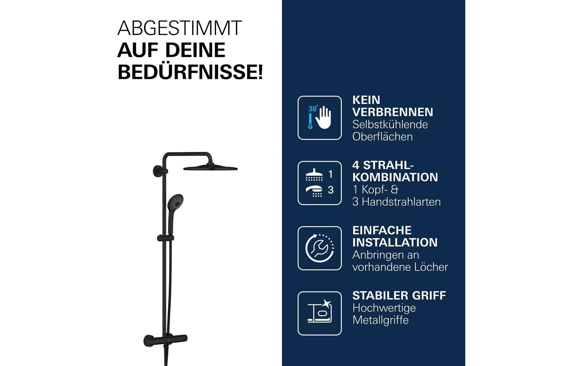Grohe Duschsystem Vitalio Joy 310 – 113 cm, Messing, Aufputz-Thermostat, Schwarz