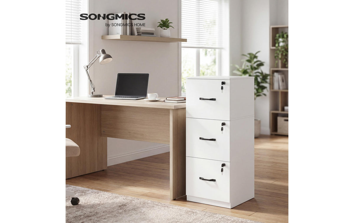 Vasagle Aktenschrank – 3 Schubladen, abschliessbar, 410 × 400 × 1030 mm, Weiss