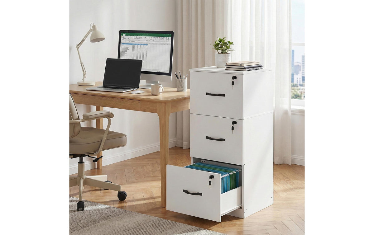 Vasagle Aktenschrank – 3 Schubladen, abschliessbar, 410 × 400 × 1030 mm, Weiss