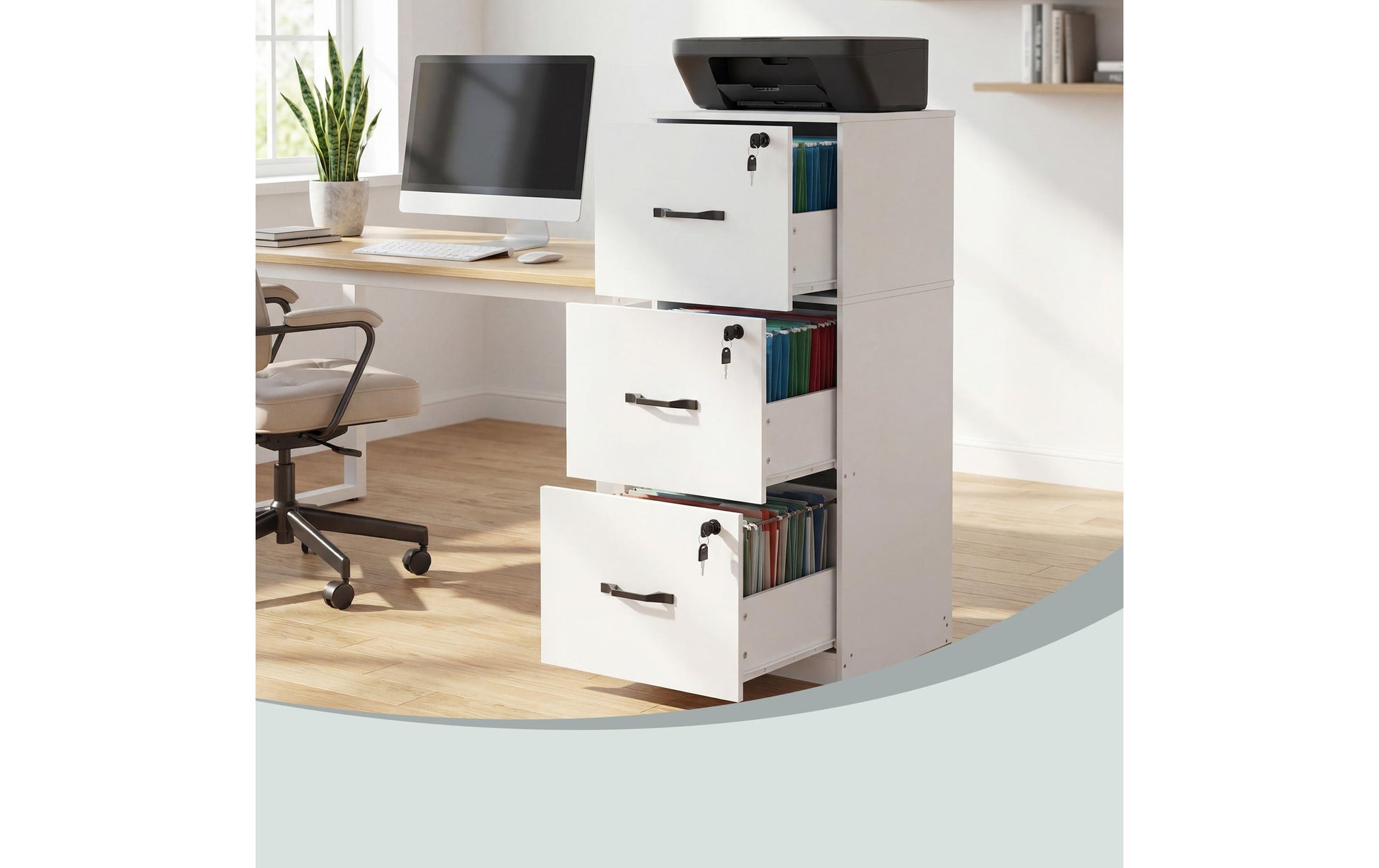 Vasagle Aktenschrank – 3 Schubladen, abschliessbar, 410 × 400 × 1030 mm, Weiss