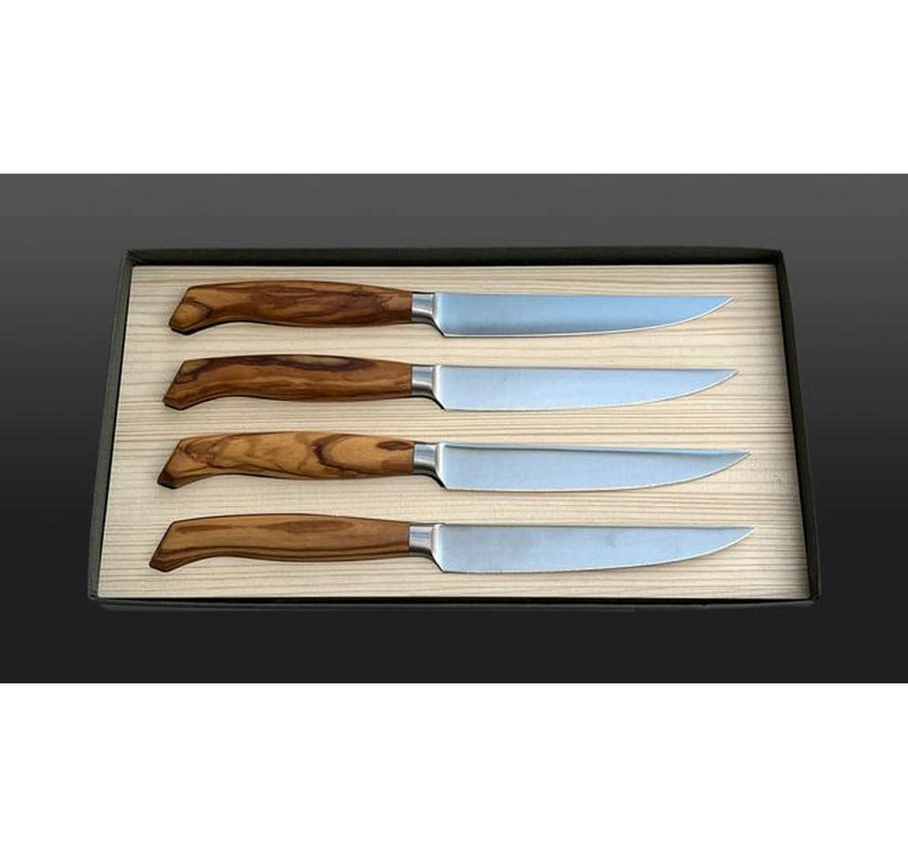 Wok Steakmesser – 4er-Set, 12 cm, Glatter Schliff, Edelstahl, Griff Olivenholz, Hellbraun