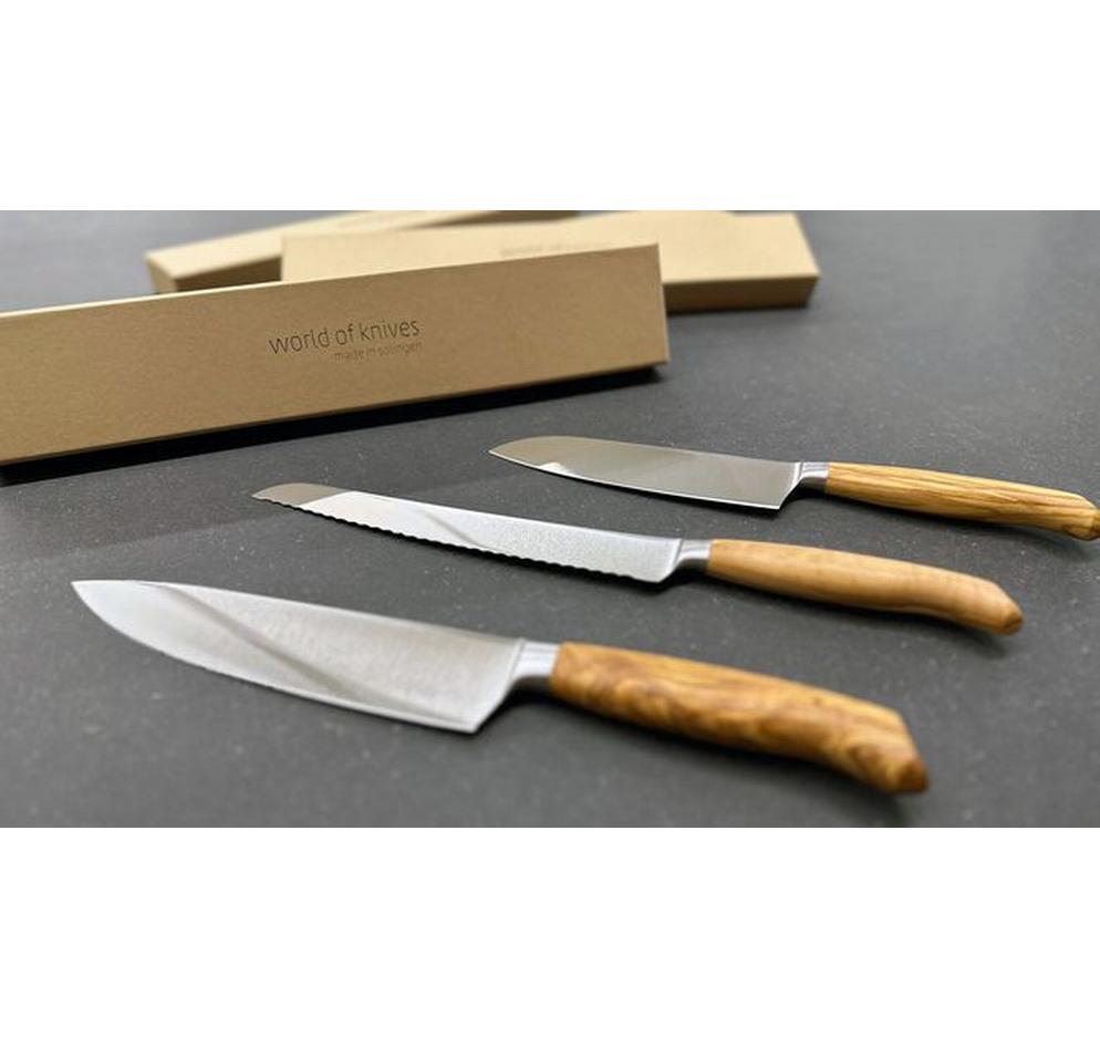 Wok Officemesser 9 cm, Edelstahl, Olivenholz, Hellbraun