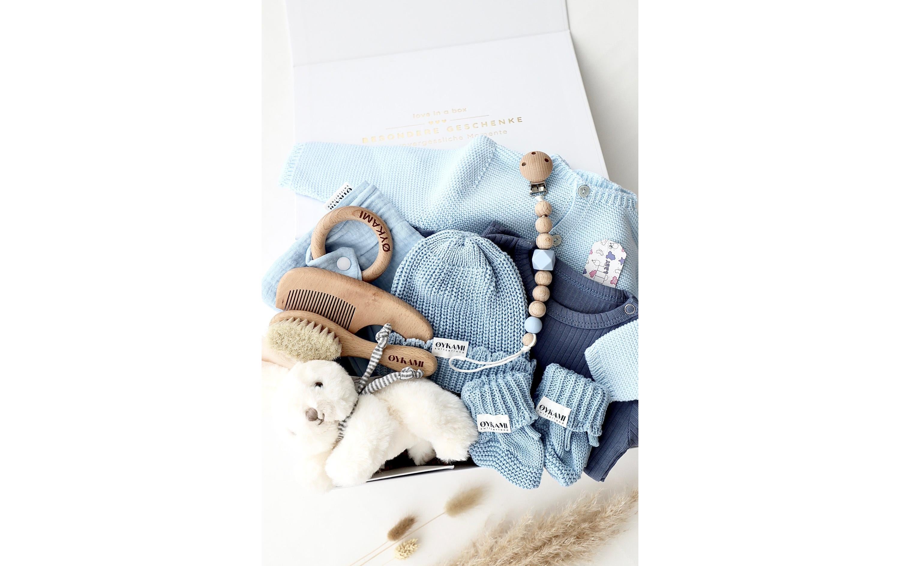 Oykami Geschenkbox – Baumwolle, Buche, Holz, Textil – Blau, Weiss