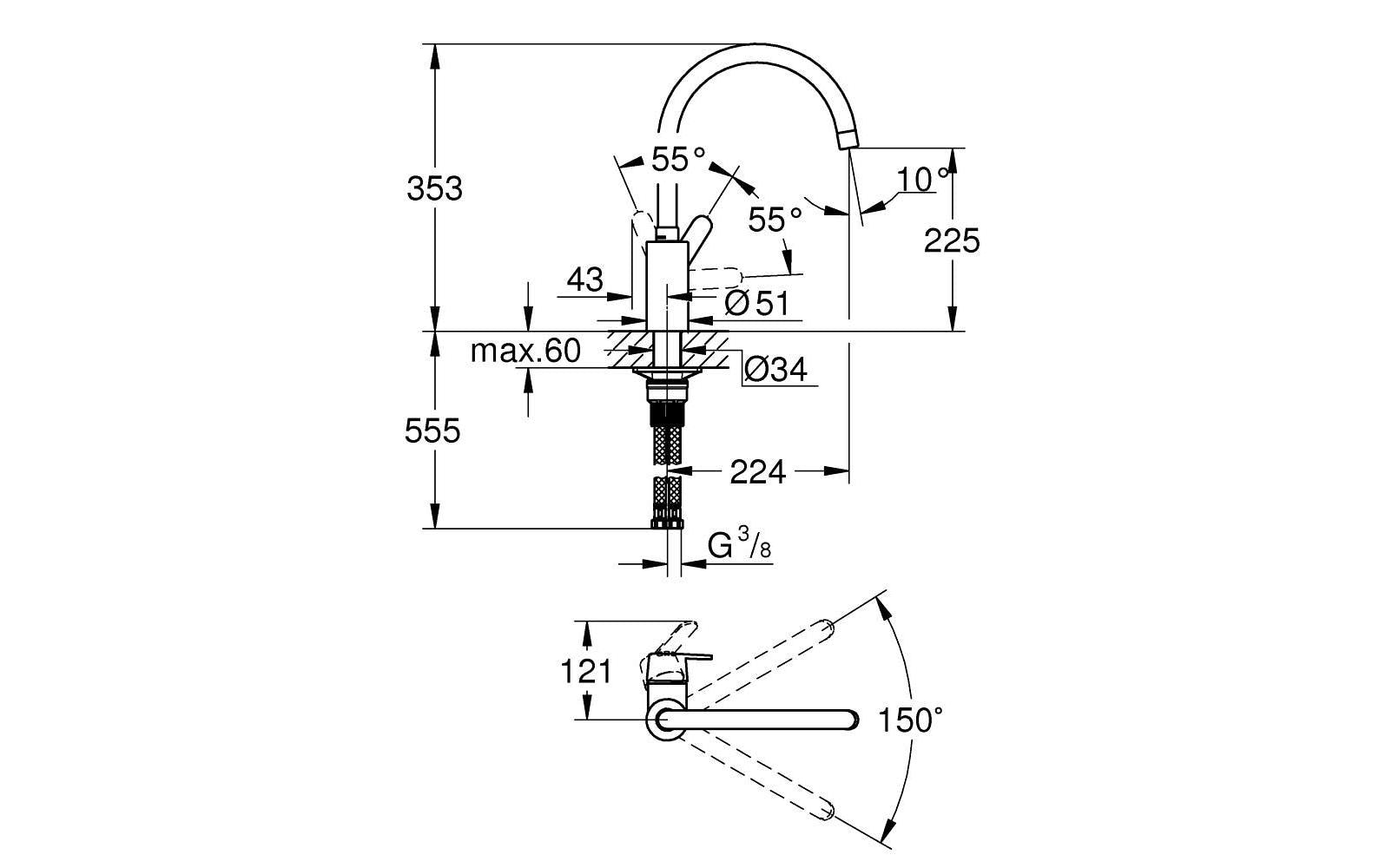 Grohe Einhebelmischer – Messing, Einlochmontage, Schwarz matt