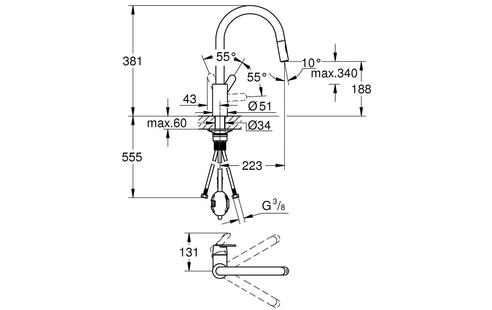 Grohe Küchenarmatur Einhebelmischer, ausziehbare Brause, 18,8 × 22,3 × 38,1 cm, Messing, Schwarz