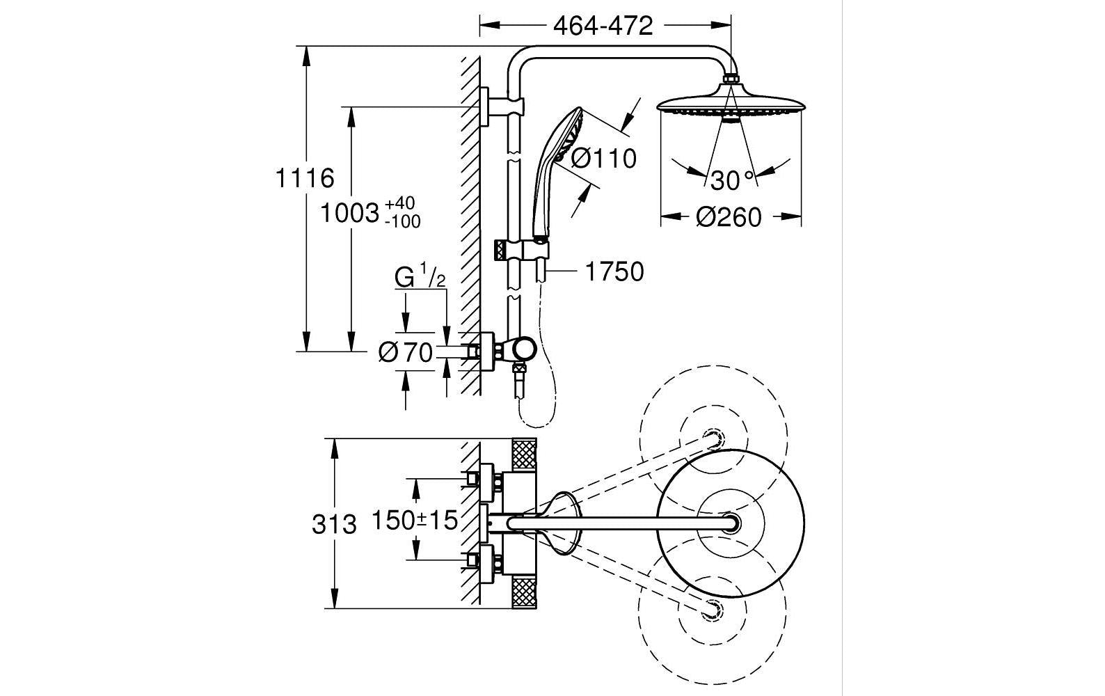 Grohe Duschsystem Vitalio Joy 260 – Schlauch 175 cm, Messing, Thermostat, Schwarz
