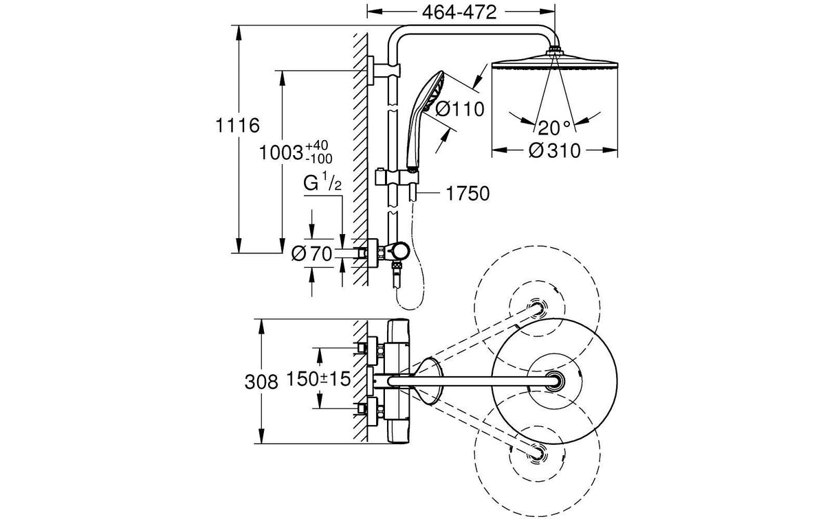 Grohe Duschsystem Vitalio Joy 310 – 113 cm, Messing, Aufputz-Thermostat, Schwarz