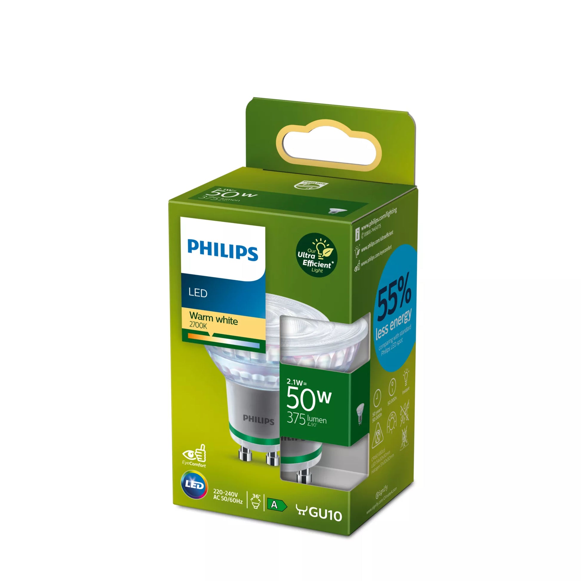 Philips by Signify Philips LED-Leuchtmittel GU10 Reflektor – Warmweiss 2700 K, 375 lm, 2,1 W, 36° – 1 Stk., Transparent