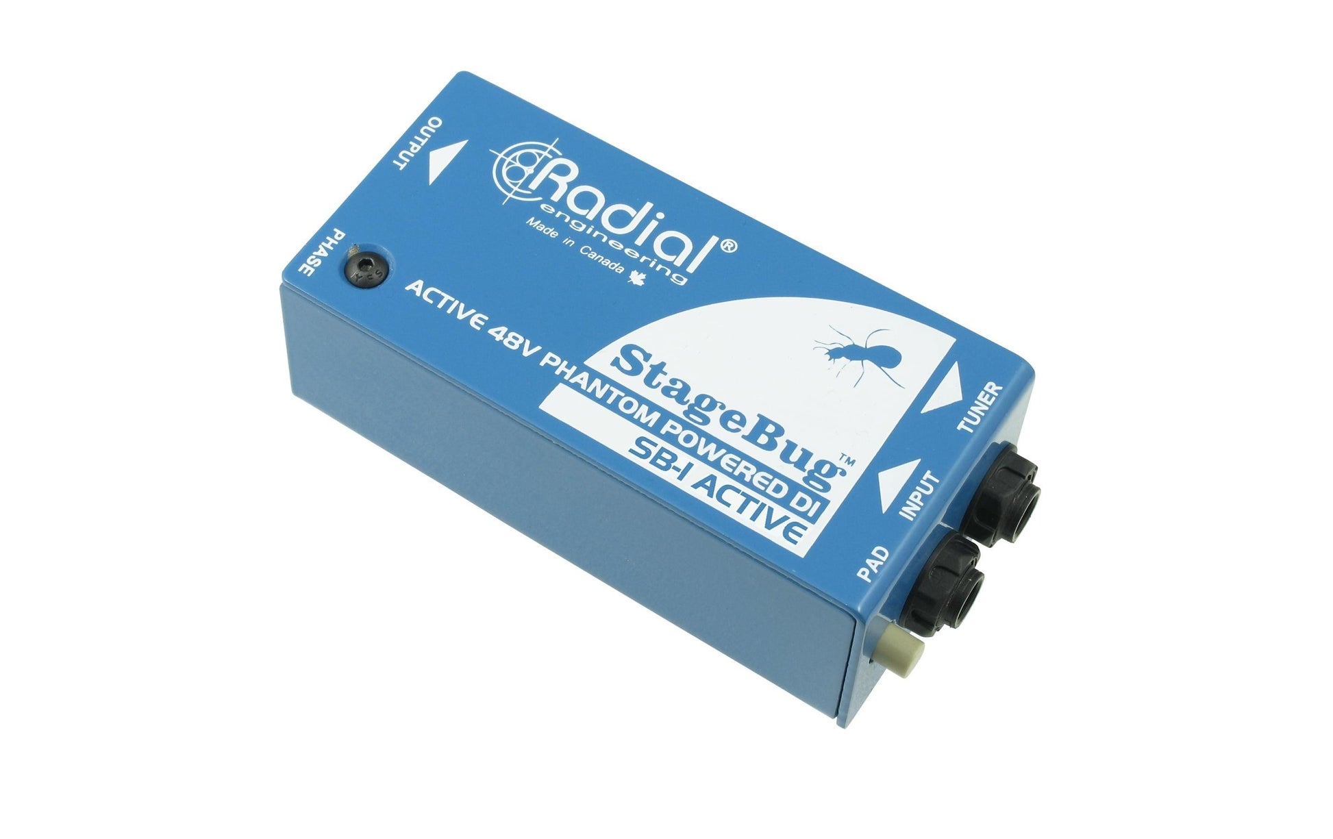 Radial StageBug SB-1 – Schnittstellenadapter – Phantomspeisung – Stahl – 47×34×114 mm – Blau