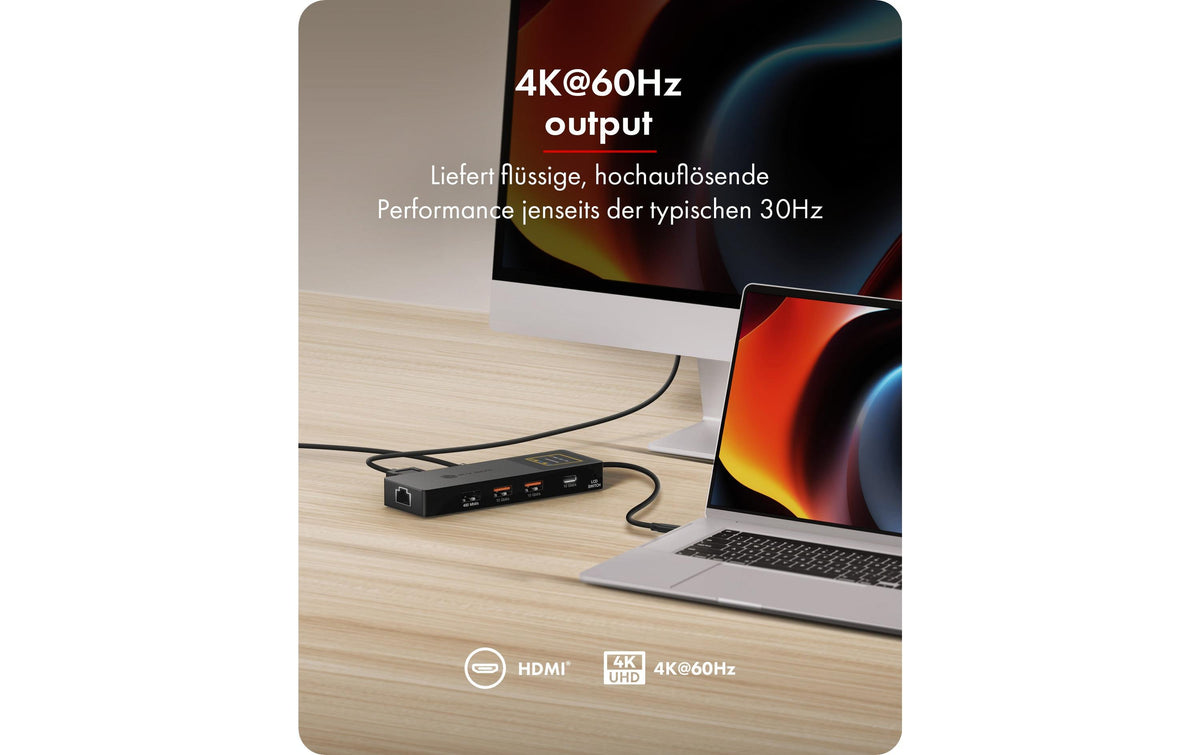 RaidSonic ICY BOX IB-DK4038-LCD Dock – USB-C, 1× HDMI, 2× USB-A, 2× USB-C, 100 W PD, GbE, für Windows/Mac/ChromeOS