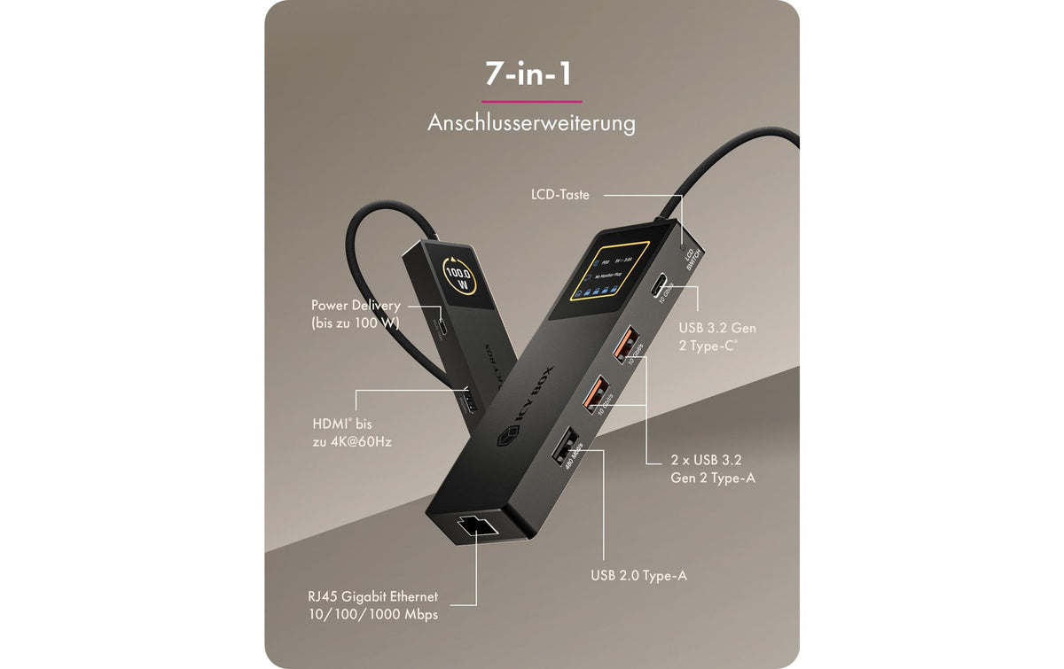 RaidSonic ICY BOX IB-DK4038-LCD Dock – USB-C, 1× HDMI, 2× USB-A, 2× USB-C, 100 W PD, GbE, für Windows/Mac/ChromeOS