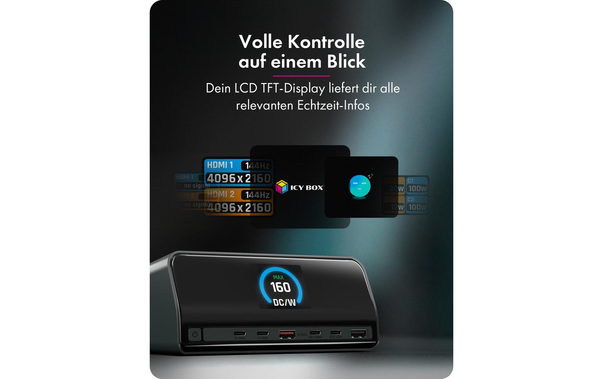 RaidSonic ICY BOX IB-DK2300-CH Dockingstation – USB-C, 2× HDMI, 6× USB (1× USB 2.0), 160 W PD, GbE