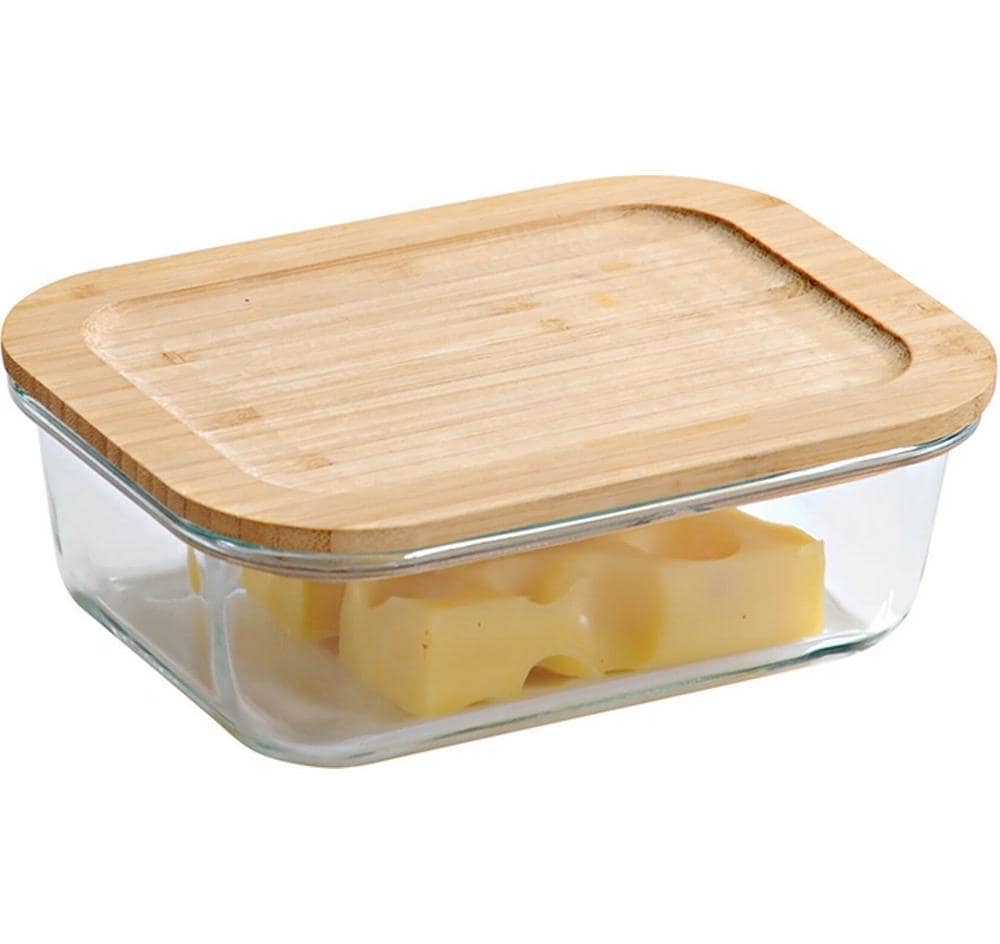 Kesper Vorratsdose 850 ml, 14,5 × 19,6 × 6,1 cm, Glas/Bambus, Braun/Transparent
