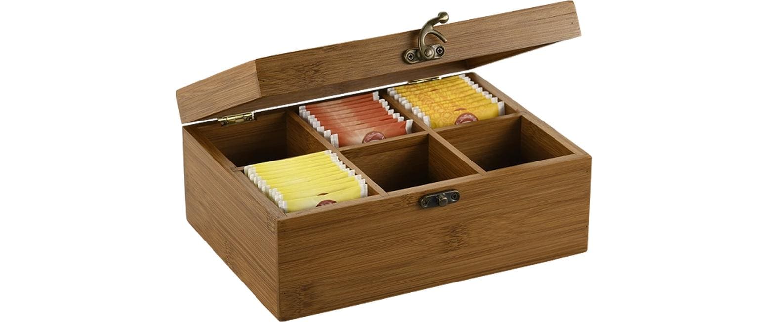 Kesper Teebeutelbox Bambus, 6 Fächer, 16 × 21,8 × 9 cm, Dunkelbraun