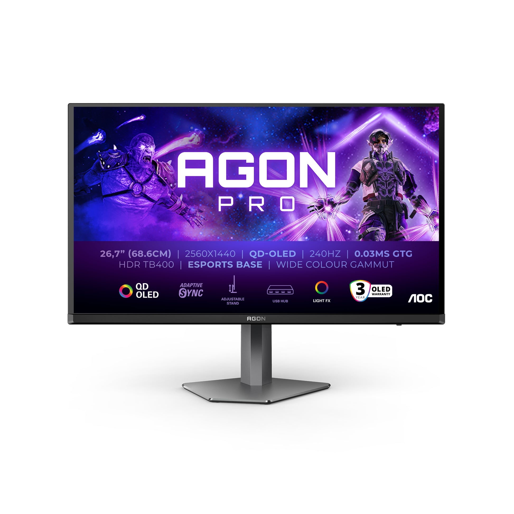 AOC AG276QZD2 – Monitor, 26,7", 250 cd/m², Adaptive Sync, USB-Hub, Lautsprecher, VESA 100 × 100, Schwarz