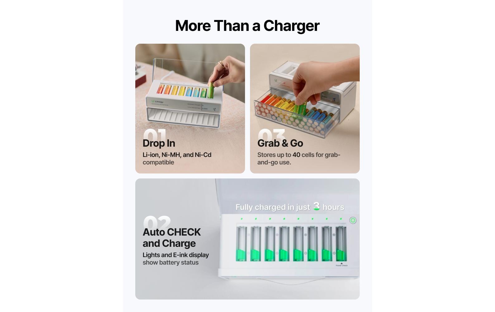 Linogy Batterieladegerät 8× – für AA, AAA, Li-Ion und andere – Ladezeit 3 h