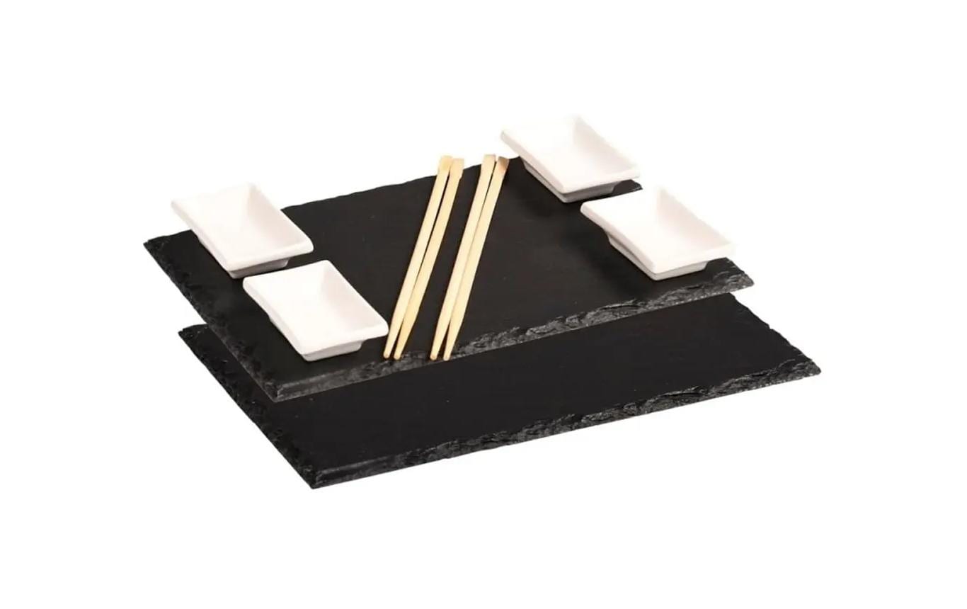 Kesper Sushiset – 6-teiliges Set, 31,5 × 22,1 × 2,2 cm, Keramik/Schiefer, Bambus, Schwarz/Weiss