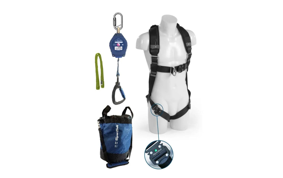 Spanset Sicherungssystem-Set SK-402 – 7 m, 136 kg – Schwarz, mit Auffanggurt EXCEL-2P, SRLW7