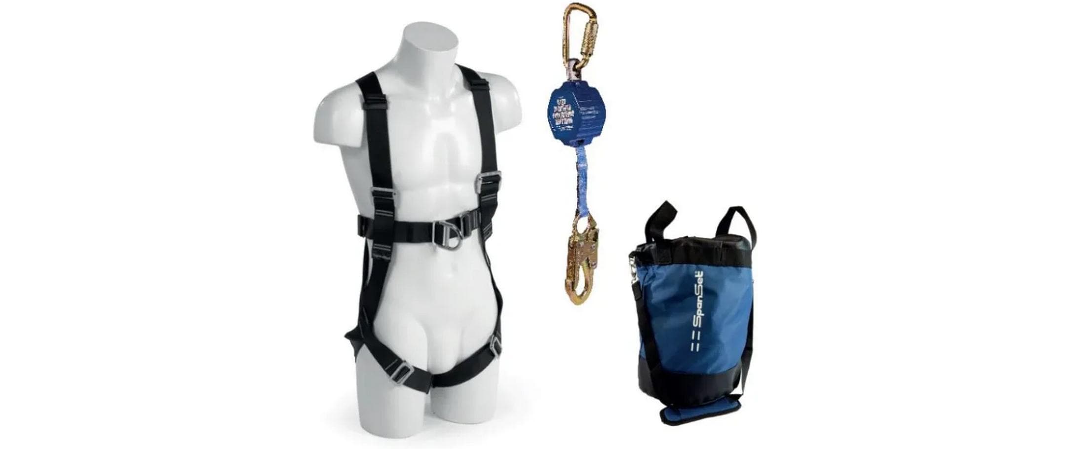 Spanset Sicherungssystem-Set SK-603 – 2-Punkt-Auffanggurt E2X, Höhensicherungsgerät SRLW1.8 (1,8 m), Stausack