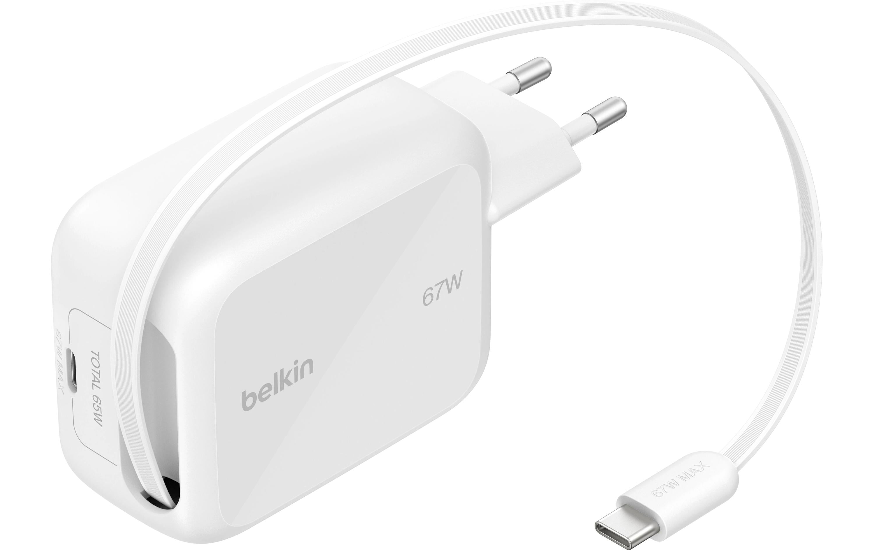 Belkin BoostCharge Pro USB-Wandladegerät 67 W – USB-C×2 – GaN, einziehbares Kabel – Weiss