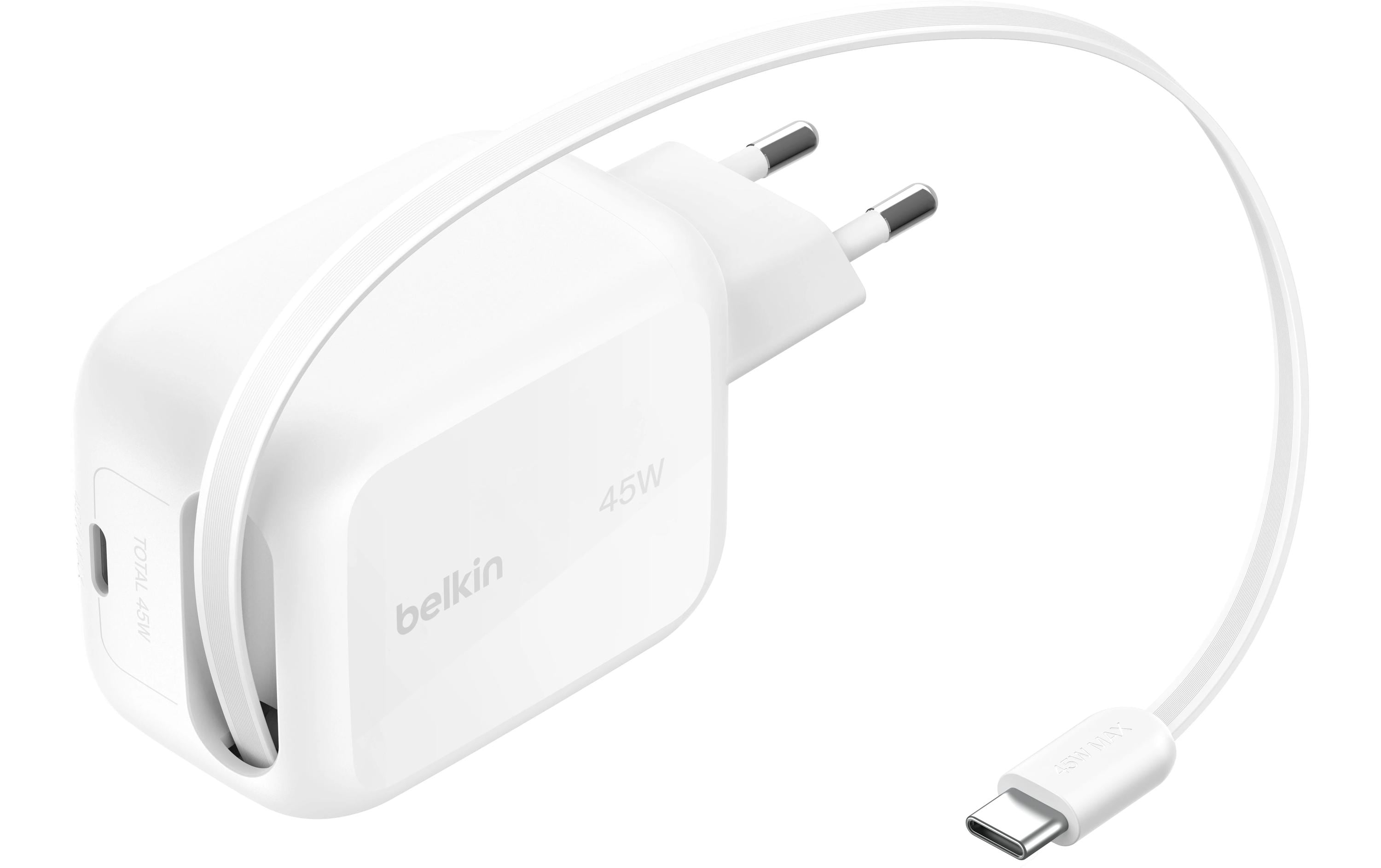 Belkin BOOSTCHARGE PRO USB-Wandladegerät 45 W – Dual-Ausgang, GaN, einziehbares Kabel – Weiss