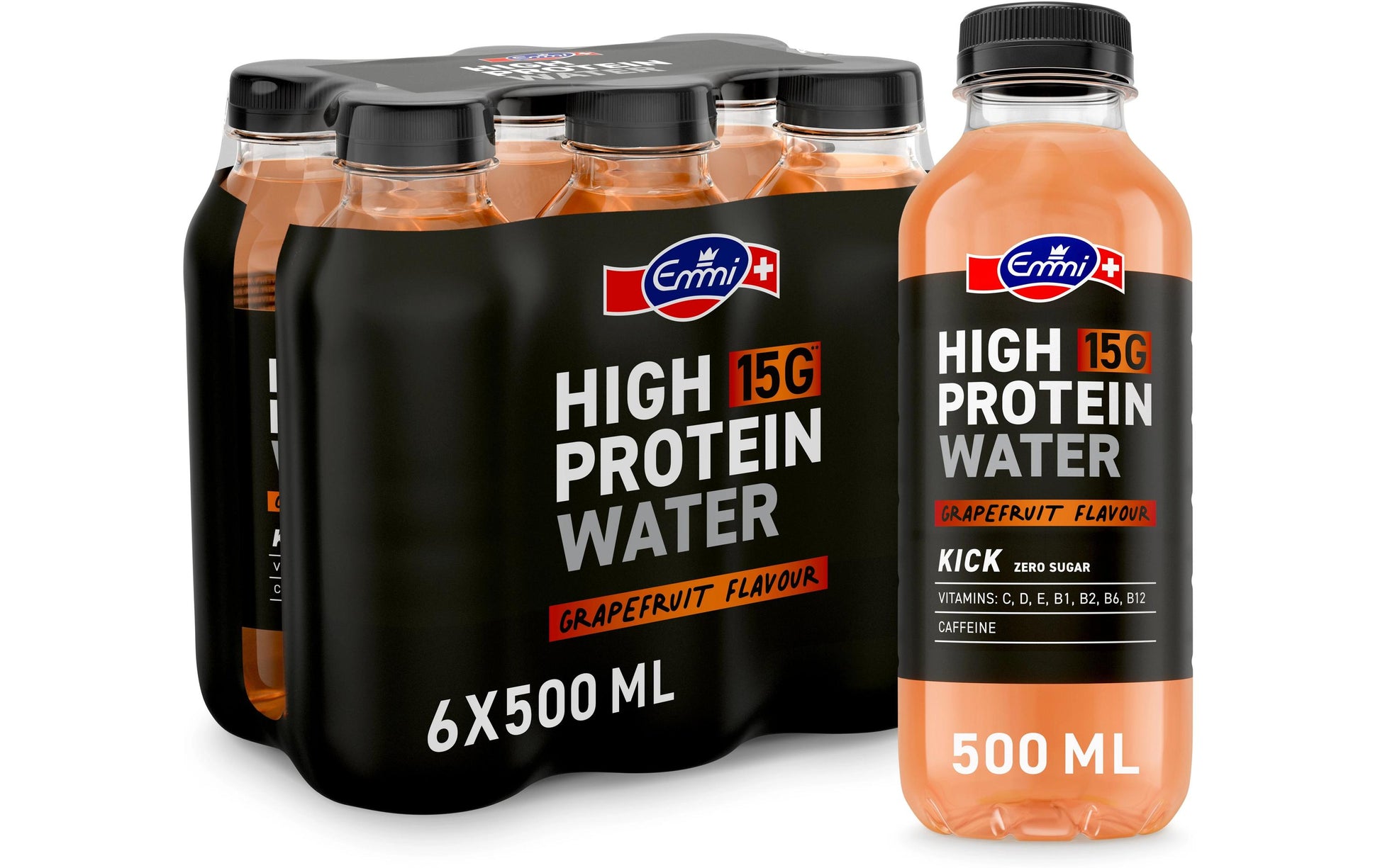 Emmi high protein water Emmi – Proteinwasser High Protein Water, Grapefruit, zuckerfrei, koffeinhaltig – 6 × 5 dl