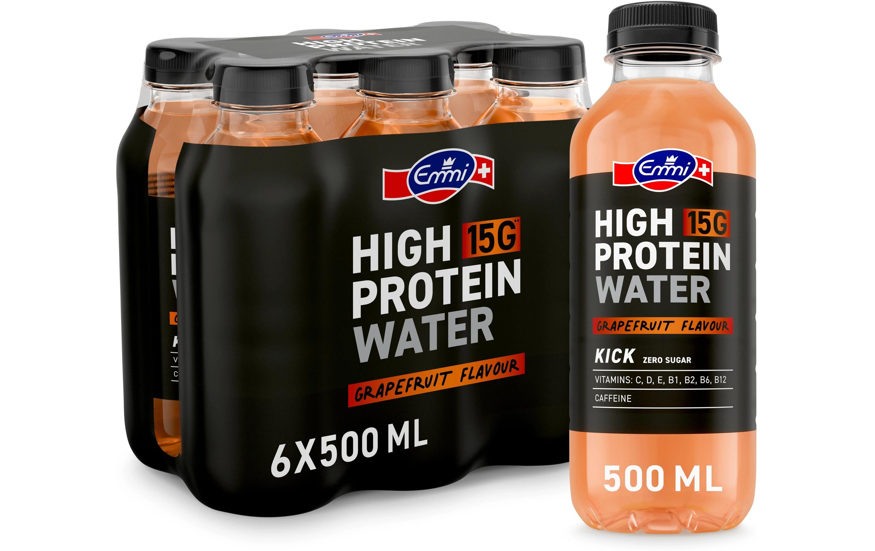 Emmi high protein water Emmi – Proteinwasser High Protein Water, Grapefruit, zuckerfrei, koffeinhaltig – 6 × 5 dl