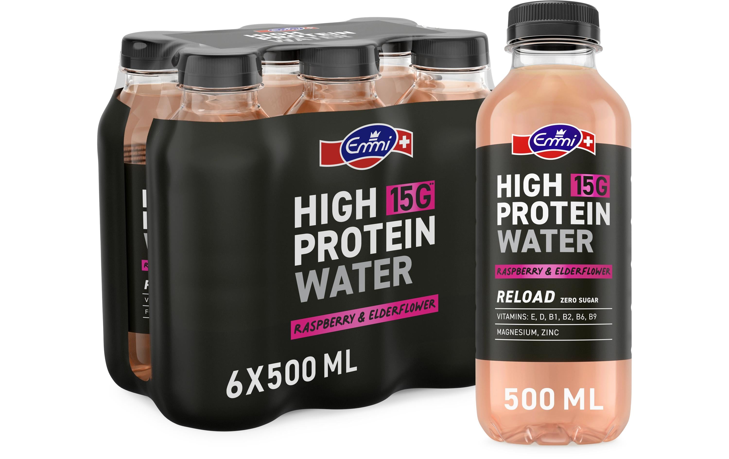 Emmi high protein water Emmi – Proteinwasser, Himbeere & Holunderblüte, zuckerfrei – 6 × 5 dl