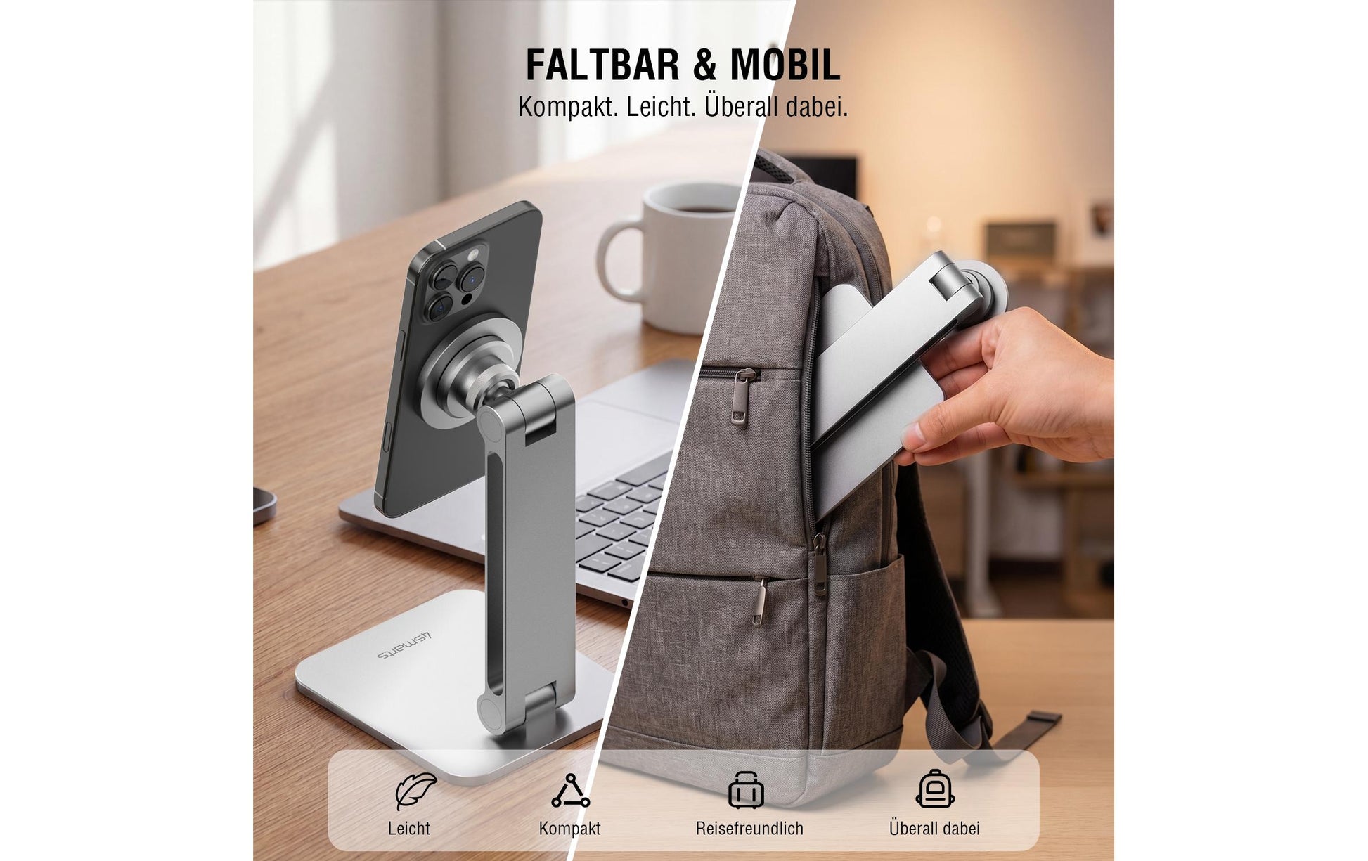 4smarts ErgoPro Desk Stand – Tisch-Ständer – magnetisch, zusammenklappbar – für MagSafe-Geräte, Smartphones, Tablets