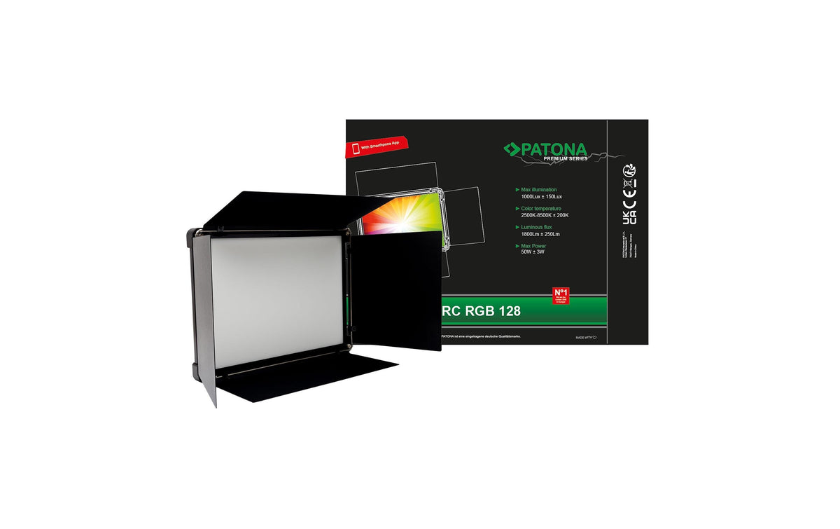 Patona RGB-128AS Foto-Lampe – NP-F Akkus, Display, Bluetooth/DC/Funk, 6,87 A – 380 × 48 × 275 mm – Schwarz