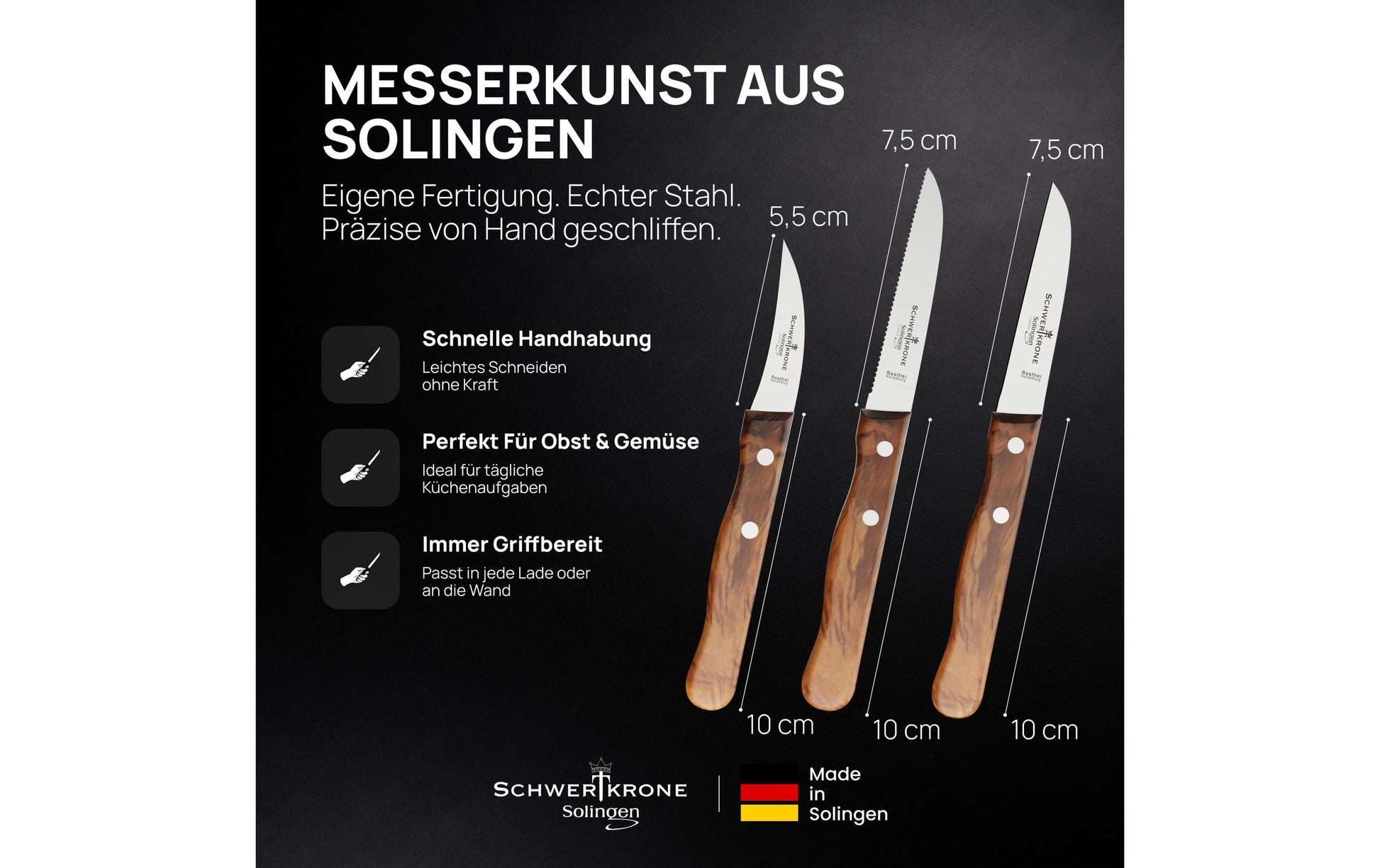 Schwertkrone 3-teiliges Messerset, Edelstahlklingen, Griff aus Olivenholz, Braun/Silber