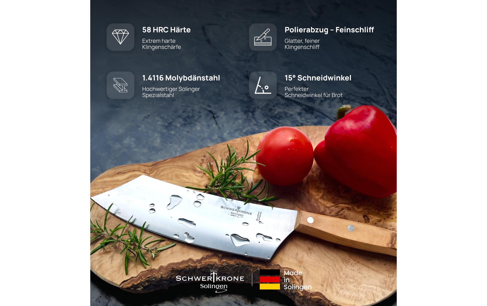 Schwertkrone Tranchiermesser 22 cm, Edelstahl, Olivenholz