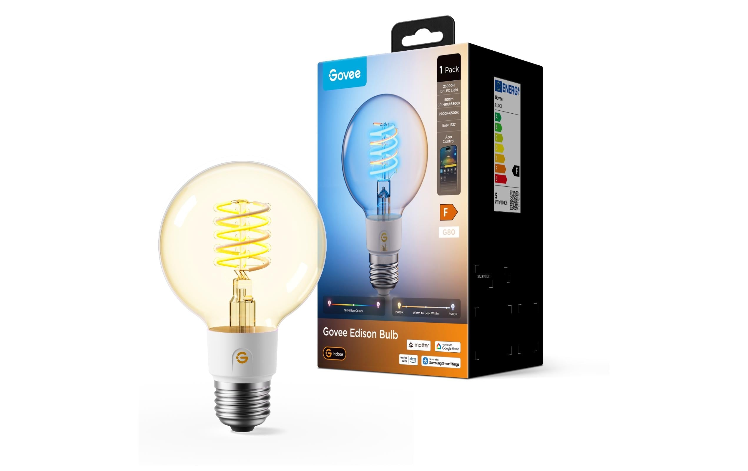 Govee Smart-Leuchtmittel E27 G25 – 500 lm, 2700–6500 K/mehrfarbig, dimmbar, matt