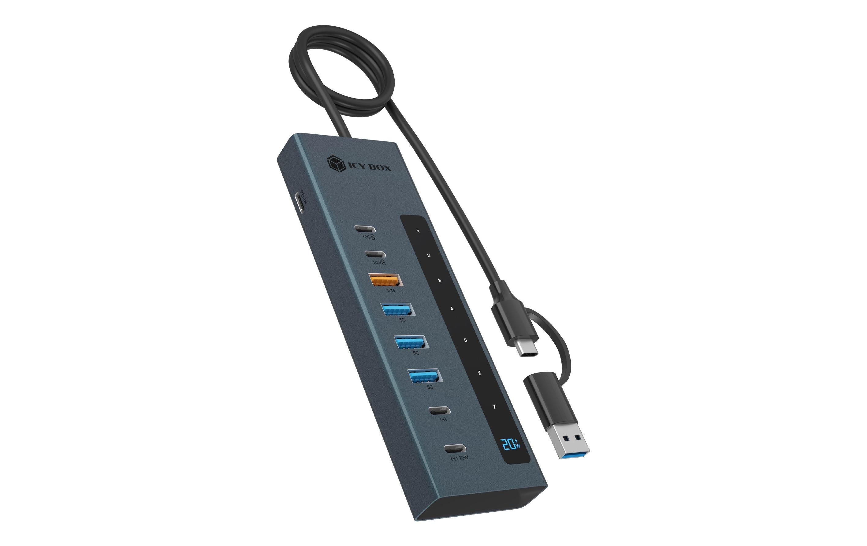 RaidSonic ICY BOX IB-1743-CPD USB-Hub – USB-C, 4× USB-C, 4× USB-A, 20 W PD, für Windows/Mac/Linux