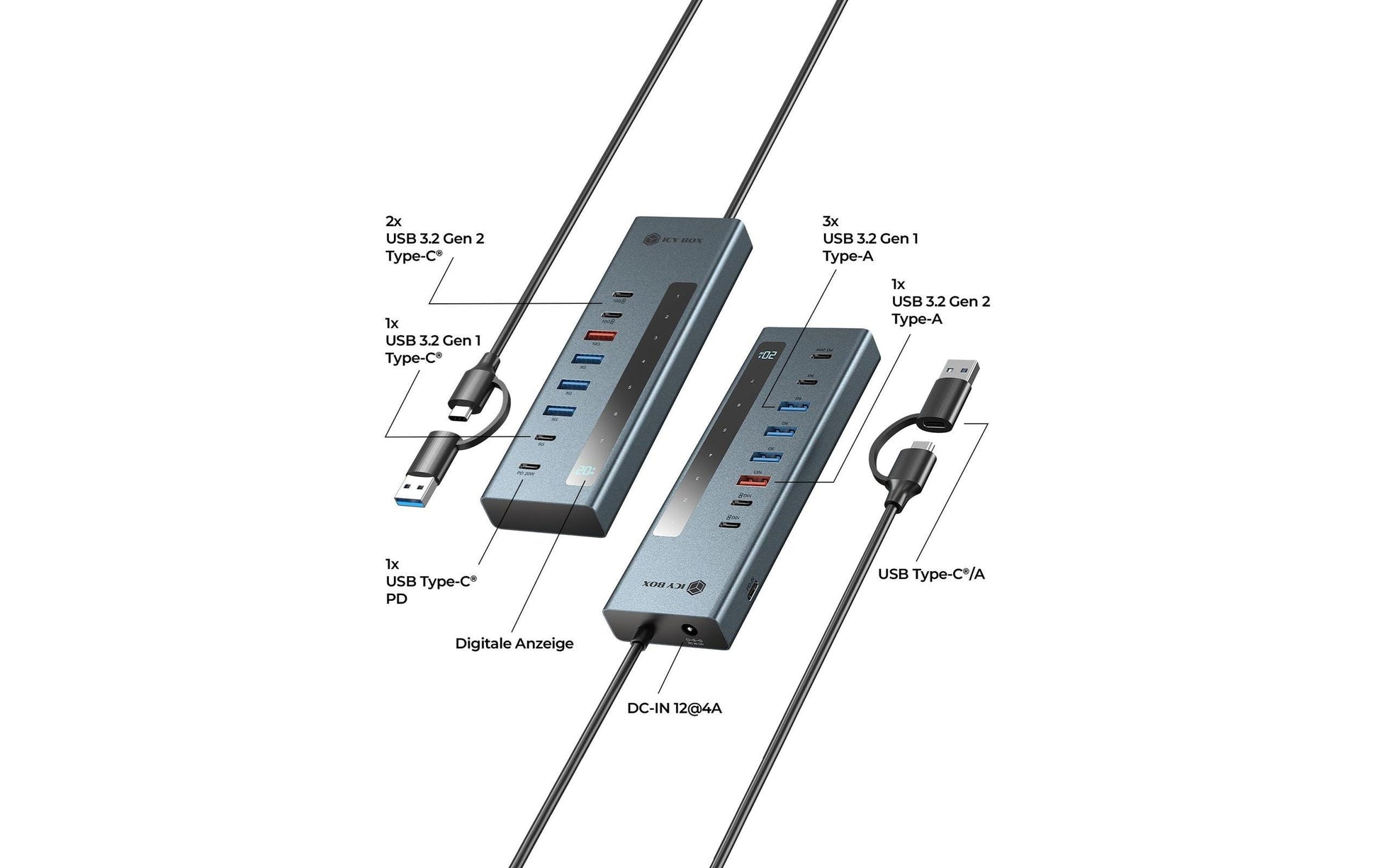 RaidSonic ICY BOX IB-1743-CPD USB-Hub – USB-C, 4× USB-C, 4× USB-A, 20 W PD, für Windows/Mac/Linux