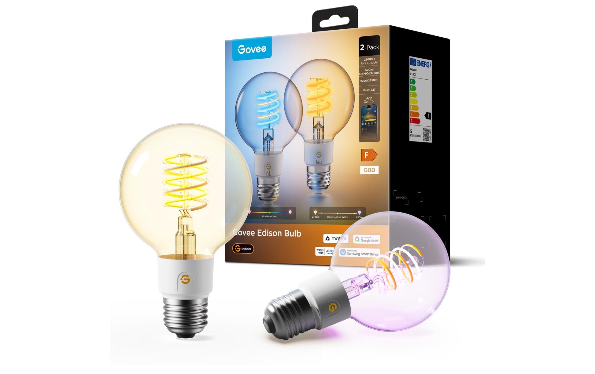 Govee Smart-Leuchtmittel E27 G25 – 500 lm, 2700–6500 K/mehrfarbig, WLAN/App, dimmbar – 2er-Pack