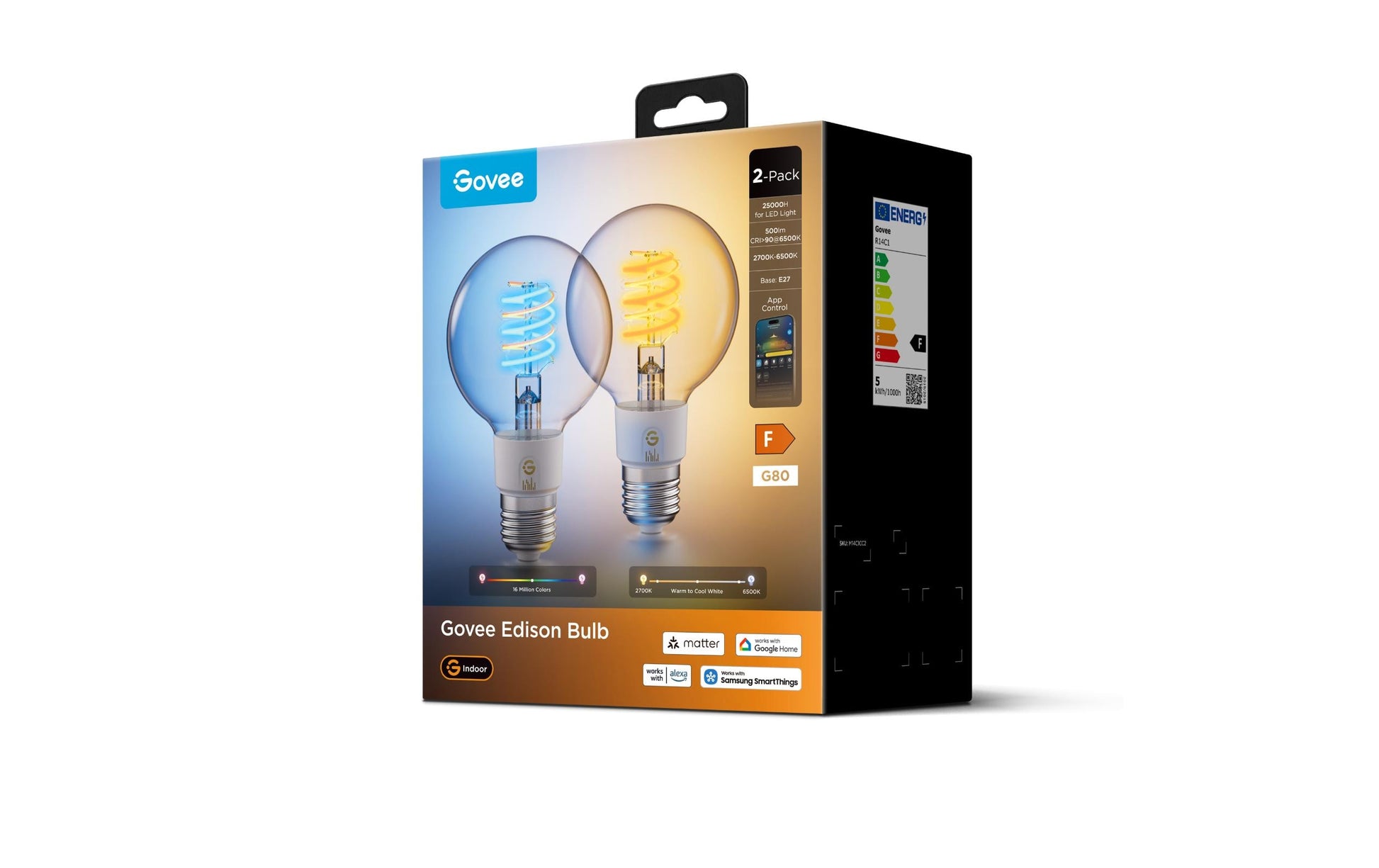 Govee Smart-Leuchtmittel E27 G25 – 500 lm, 2700–6500 K/mehrfarbig, WLAN/App, dimmbar – 2er-Pack