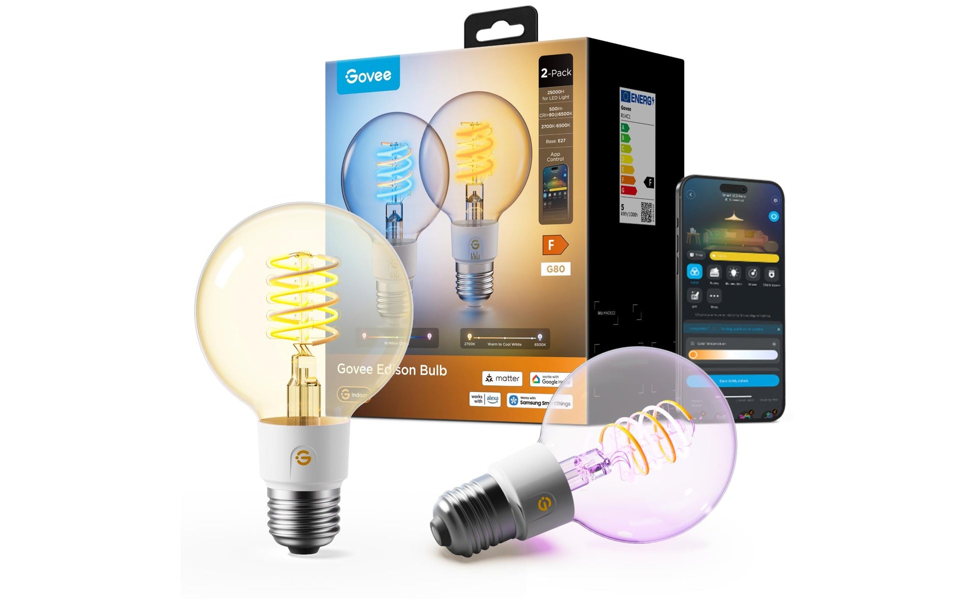 Govee Smart-Leuchtmittel E27 G25 – 500 lm, 2700–6500 K/mehrfarbig, WLAN/App, dimmbar – 2er-Pack