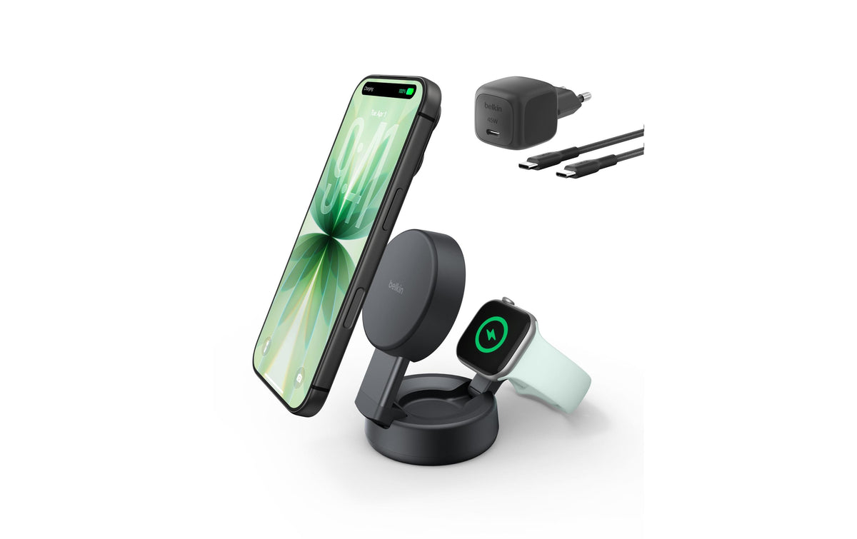Belkin UltraCharge Kabelloses Ladegerät 25 W – Qi2, magnetisch verstellbar, 2-in-1 – für Qi2-kompatible Geräte