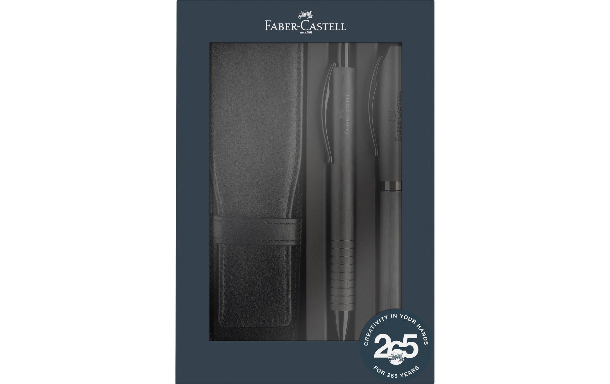 Faber-Castell Essentio Alu Schreibset – Kugelschreiber, Schwarz, Spitze 0,7 mm, Aluminium, Leder