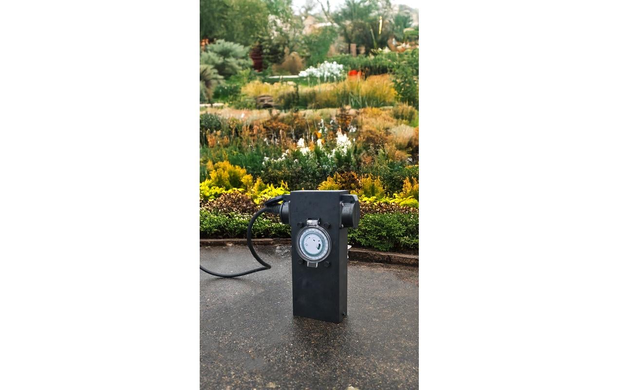 Steffen GardenLine Gartensteckdose – 2×T13, IP44, Analoger Timer, Überstromschutz