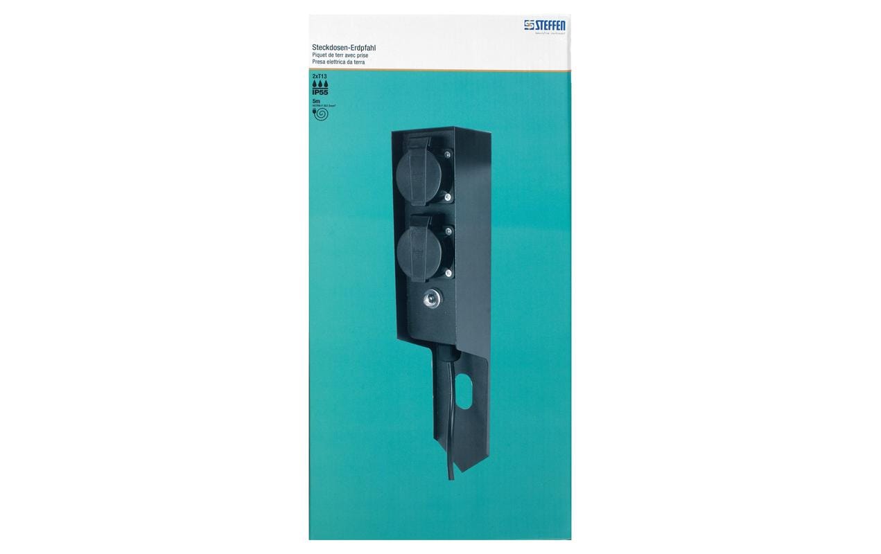 Steffen GardenLine Gartenstromverteiler, 2×T13, IP44, 5 m, Erdspiess, Überstromschutz – Schwarz